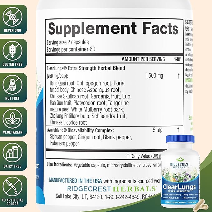 RidgeCrest Herbals ClearLungs Extra Strength, Daily Health Supplement, Natural Lung and Nasal Wellness Formula for Bronchial, Respiratory, Immune, Sinus, and Mucus Support (120 Vegan Caps, 60 Serv)