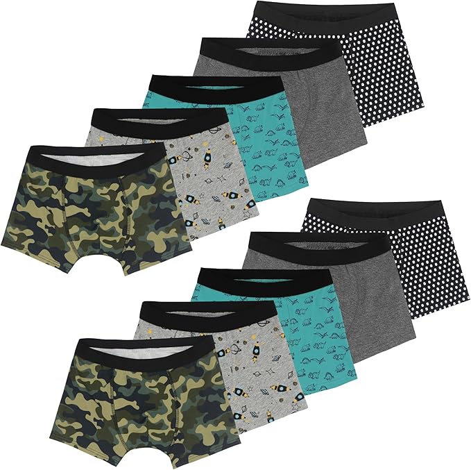 Boys Underwear Printed Boxer Briefs,Moisture Wicking Breathable,Assorted 10-Pack 1604