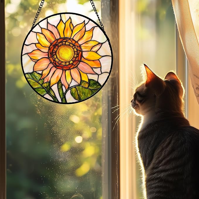 AMDERVEN Stained Glass Window Hanging 4 Pcs Set Lily Rose Sunflower Poppy Large 15" - Flower Suncatcher Door Garden Sun Catcher Decor Birthday Mother's Day for Wife Woman Nana Girl