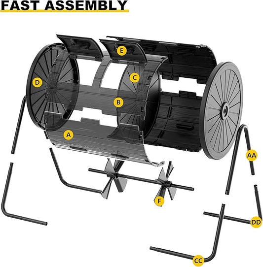 PatioZen Dual Chamber Tumbling Composter 45 Gallon Large Outdoor Tumbling Composter Efficient Batch Composting Easy Turn Design (Black 45Gal)
