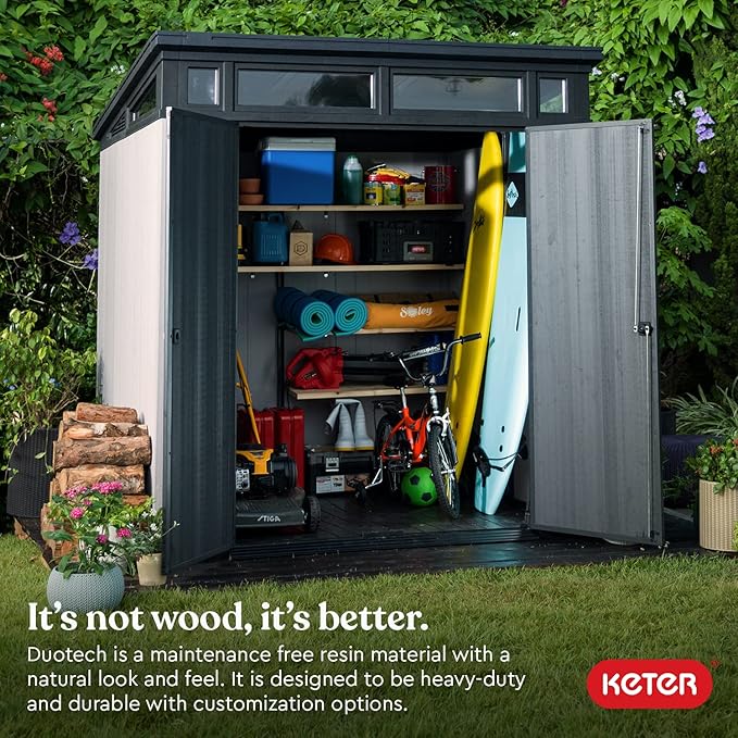 Keter Artisan 7 x 7 Foot Large Modern Design Outdoor Shed with Floor for Outdoor Furniture, Lawn Equipment, Bikes, and Gardening Tools, Gray