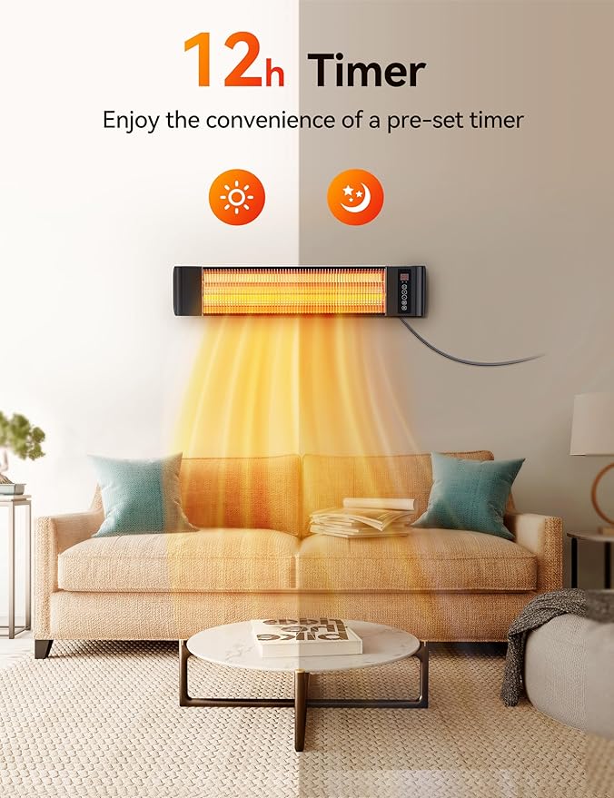 VAGKRI Outdoor Heaters, 1s Heating Electric Infrared Patio Heaters with Remote, IP65 Waterproof, 12H Timer, 3 Heat Levels, Electric Wall Heaters with Tripod Stand for Home, Office, Patio and Garage