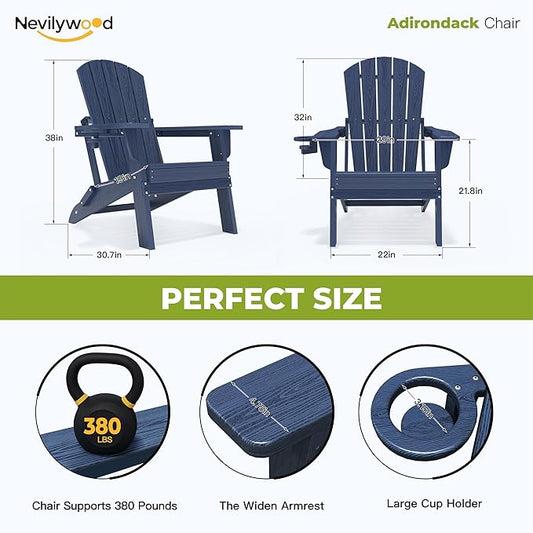 nevilywood Folding Adirondack Chair - Extended Ergonomic Backrest, Cup Holder - Easy Assembly - Durable HDPE Plastic, Weather Resistant & Maintenance-Free - Lawn, Patio, Deck Supports 380lbs NavyBlue