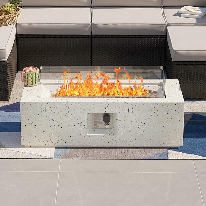 SUNBURY Outdoor Propane Fire Pit Coffee Table, 42 Inch Rectangular Firepit Table w Wind Guard, 40,000 BTU Spotted White Concrete Patio Gas Heater Fire Table w Free Waterproof Cover, Lava Rocks