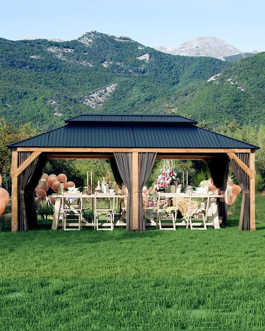 GarveeLife Hardtop Wood Gazebo 12 ft x20 ft for All Weather, with Double Metal Roof, Heavy Duty Wooden Frame, Net, and Curtain, Permanent Building for Patio, Deck, Backyard, Lawn, and Garden