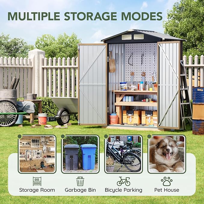 5x3 FT Outdoor Metal Storage Shed with Floor Frame, Double Door, 1 Clear Window, Tool Shed for Garden, Patio, Backyard Brown