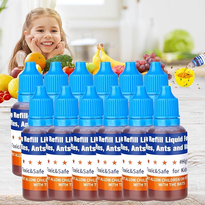 Fruit Fly Trap Refill Liquid, 0.68oz Bottle - Indoor Gnat Killer Lure Refill for House,Ready-to-Use Attractant for Home Kitchen,Safe Near Kids,Pets and Food(12 Pack)