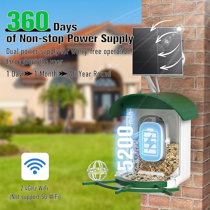 Voxblend Bird Feeder with Camera 3W Solar Powered Panel: Smart Bird Feeder for Outdoors with AI Birds Identify Auto Capture, 2K Live Video, Instant Arrival Alert, Ideal Gift for BirdLovers(Green)