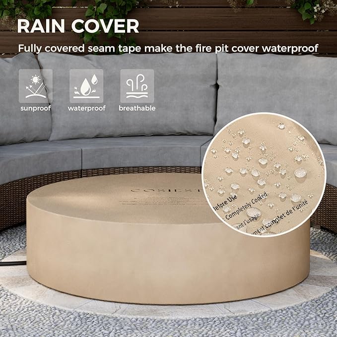 SUNBURY Outdoor 42-Inch Propane Fire Pit,Dark Brown Concrete Patio Fire Table 50,000 BTU w Waterproof Cover, Lava Rocks
