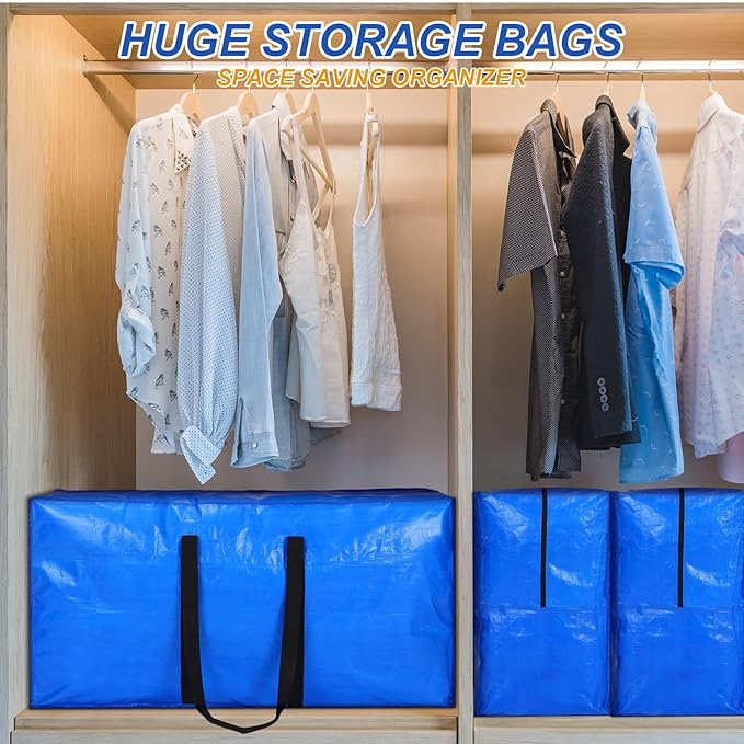 Windyun 4 Pack 57 Gallon Extra Large Storage Bags XXL Moving Bags with Zipper Handles Heavy Duty Jumbo Big Tote Box for Christmas Tree Storage 4, 5, 7.5, 9, 10, 12 ft Skeleton College Dorm(Blue)
