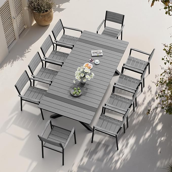 Pellebant 94" Outdoor Dining Table for 6-8, Aluminum Patio Dining Table with Umbrella Hole, Waterproof Wood-Like Tabletop for Lawn Garden Backyard, Grey