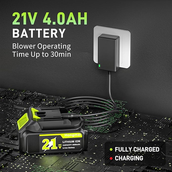 Hongmai Leaf Blower Cordless, 500 CFM 21V Electric Cordless Leaf Blower with 4.0Ah Battery and Charger, Lightweight, 6 Speed Modes, for Lawn Care, Patio, Blowing Leaves and Dust (Green)