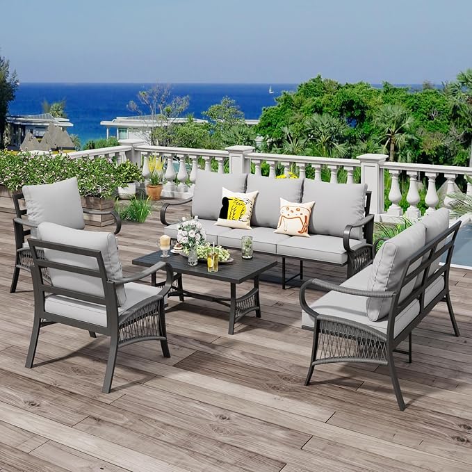 5 Piece Patio Furniture Set, 7 Seat Metal Outdoor Sectional Sofa Set with Thick Cushions, All Weather Patio Conversation Set with Coffee Table for Garden, Porch, Lawn, Grey