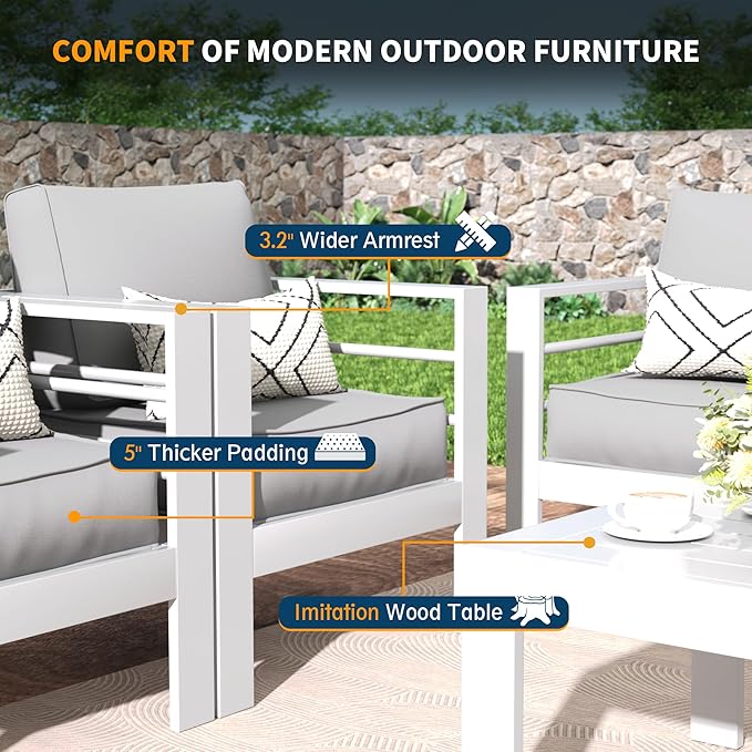 UDPATIO 10 Piece Aluminum Patio Furniture Set, Oversized Modern Outdoor Furniture Set with Olefin Fabric Cushion for Patio Deck Backyard, White (with Waterproof Covers)