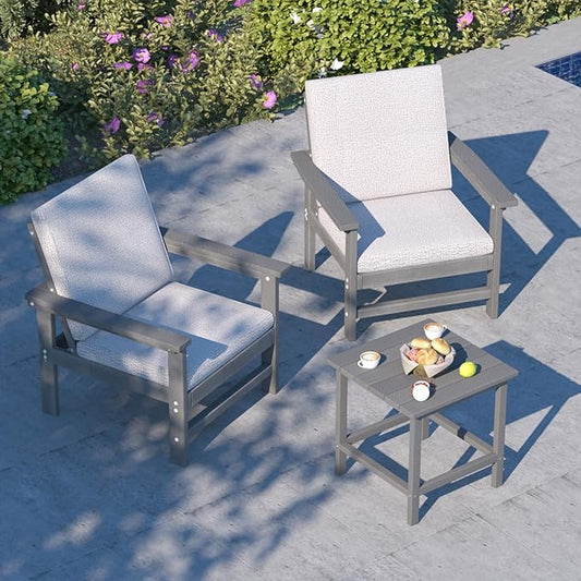 3-Piece HDPE Patio Furniture Set, All-Weather Outdoor Sectional Sofa Set with Side Table & Cushions - Wood-Like Composite Conversation Couch for Deck, Lawn, Balcony - Grey Frame