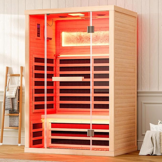 Albott Infrared Sauna 2 Person, Infrared Saunas for Home, Low EMF 1463W/110V Hemlock Wood Dry Sauna with Tourmaline Foot Warmer, 7-Color Light Therapy & Salt Crystal Bricks, 47.2"x34.2"x70.9"