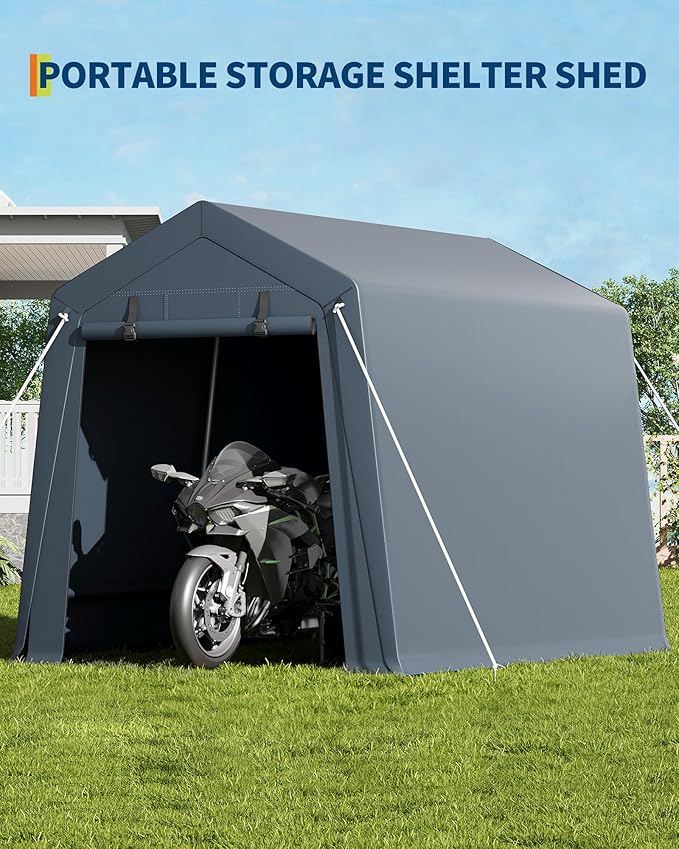 7 X 10 Ft Carport Portable Storage Shed Outdoor Tarp Sheds with Roll-Up Door, Bike Shed Storage Tent for Motorcycle, Garden Tools Gray
