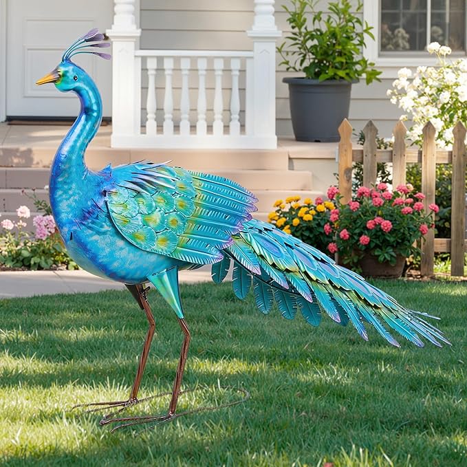 Ultym 31" Metal Peacock Yard Decor - Handmade Oversize Peacock Sculptures with Stable Ground Stakes, Backyard Decoration, Metal Garden Art