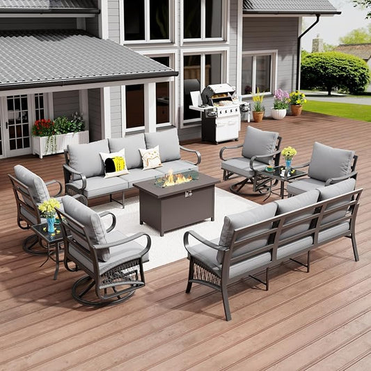 9 Piece Patio Furniture Set, 4 Single Swivel Chairs, Rope Braided Exposed with Thick Cushions, Outdoor All Weather Patio Conversation Sectional Sofa Set for Garden, Porch, Lawn, Beige