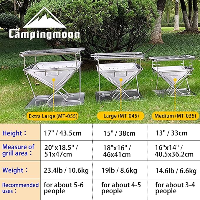CAMPINGMOON Portable Stainless Steel Wood Burning Grill and Fire Pit 20-inch with Carrying Bag MT-055