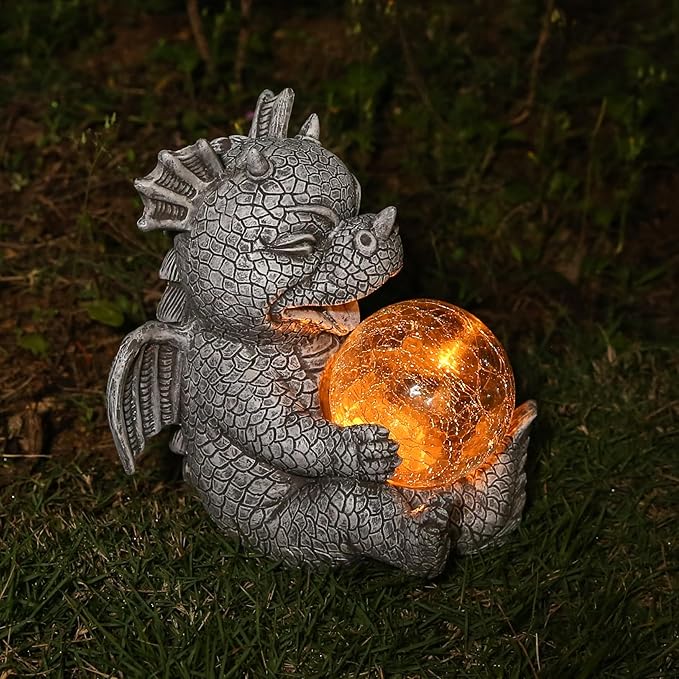 Jy.Cozy Garden Dragon Statue Solar Powered Outdoor Figurine Light Decor Cute and Hold Glowing Glass Ball Resin Sculpture Home Decoration for Porch Patio Lawn Farm Yard Housewarming Ornament Gift