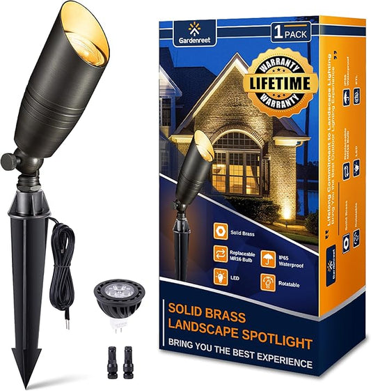 Gardenreet Landscape Spotlights Low Voltage - Brass 12V Outdoor Uplight LED, Wired Spot Lights IP65 Waterproof, Antique Bronze for Exterior Garden Yard Tree House with 5W 2700K Warm White MR16 Bulb