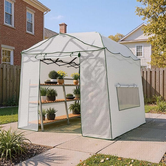 8.5 x 7 ft Walk-in Greenhouse, Portable Pop-up Green House 3 Adjustable Hights Heavy Duty Plant Gardening Canopy with Durable PE Cover for Indoor Outdoor (Clear and White)