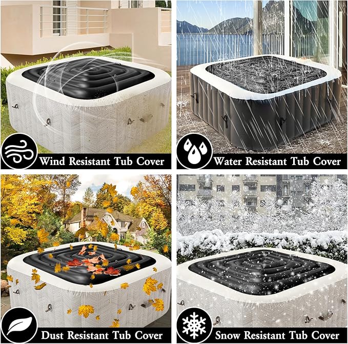 4.4Ft Inflatable Hot Tub Cover with Handle,Energy Saving Lid for Square Hot Tub,Outdoor Inflatable Hot Tub,Foldable Protective Rain Overflow Cover for Inflatable Outdoor Hot Tubs