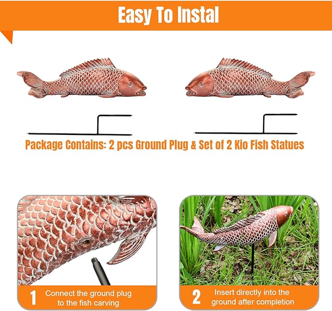 Wosuine Garden Statues Koi Fish Decor Outdoor Garden Fish Statues, Set of 2 Antique Copper Koi Art Sculptures for Patio, Backyard, Pond and Home Decor, Best Gardening Gifts for Women Mom