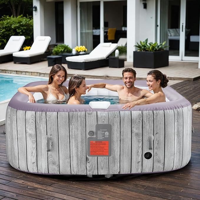 73" Inflatable Hot Tub,4-6 Person, Portable Outdoor Spa with 130 Soothing Bubble Jets, Smart Heating, Insulated Cover and 6 Replaceable Filters, PE Floor Mat, 110-120V Input (Square)