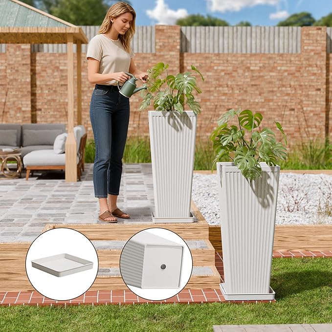 Tapered Tall Planters for Outdoor Plants 2 Pack- 23.6 Inch Square Indoor Flower Pots with Drainage Holes and Partition/Tray Saucers, Large Outdoor Planters for Porch Patio Garden, White
