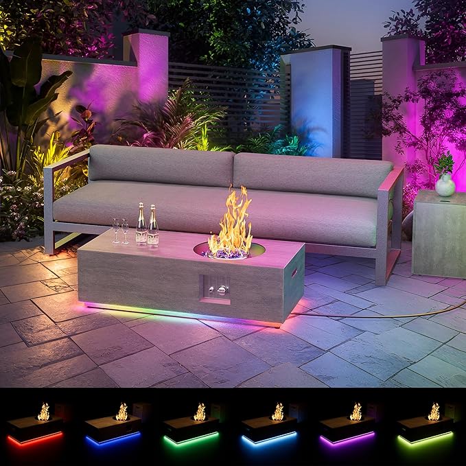 48 inch Propane Fire Pit Table, 2 in 1 Outdoor Fire Pit with 20lb Tank Cover, Outside Patio Deck and Garden, LED Gas Fireplace Table with Lid and Stone, Grey, RGB Light