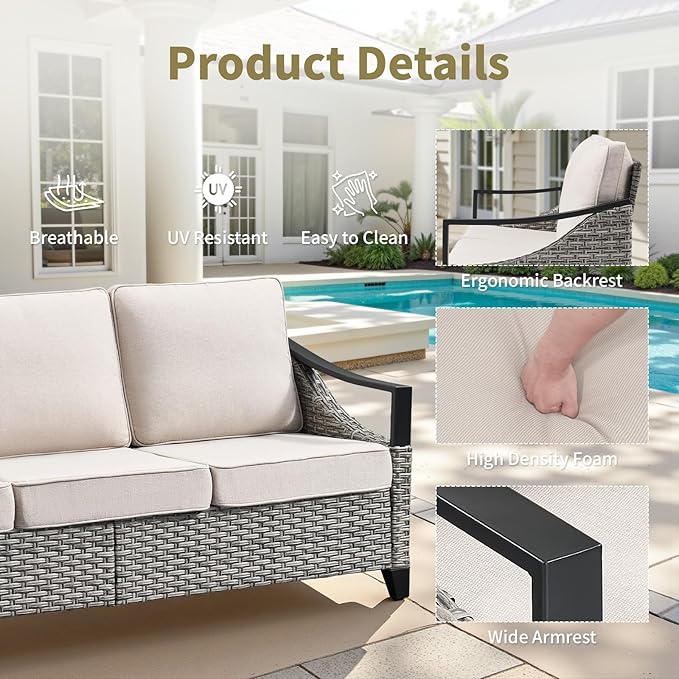 Wicker Outdoor Patio Furniture Set - 9 Pieces Patio Conversation Sets with Wicker Swivel Rocker Chairs, Deep Seat Sectional Sofa with Thick Cushions Ottomans for Porch Balcony Deck Gray/Beige