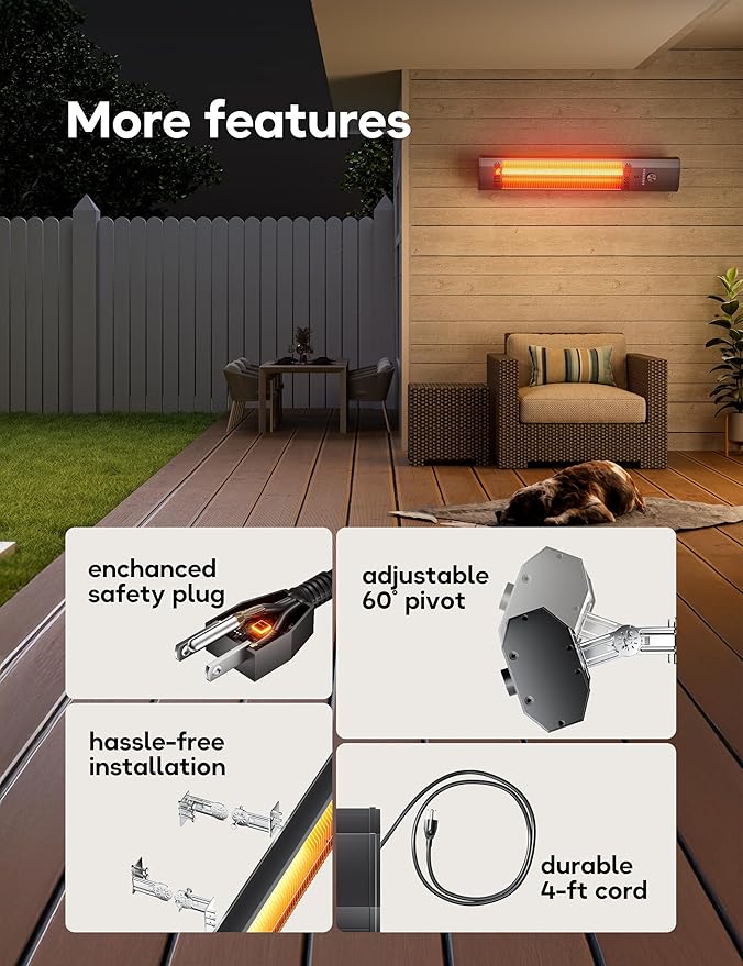 Patio Heater for Outdoor Use, 34.2" Electric Overhead Heaters, 1500W, Wall Mount Infrared Heater, 9 Levels Heating with Remote, 9H Timers, IPX5 Waterproof, Garage, Restaurant Backyard, Black