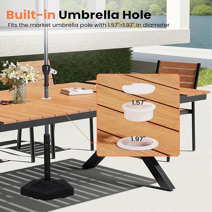 Pellebant 94" Outdoor Dining Table for 6-10, Aluminum Patio Dining Table with Umbrella Hole, Waterproof Wood-Like Tabletop for Lawn Garden Backyard, Brown