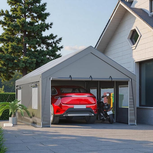 13x20 FT Heavy Duty Carport, Outdoor Storage Shed Tent with 2 Roll-Up Doors, Side Panels & Galvanized Steel Frame, All-Season Garage Shelter with Dual Mesh Ventilation Windows, Silver