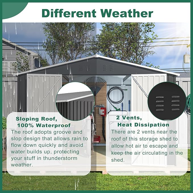 Favfurish Outdoor Storage Shed 10×12 FT,Metal Waterproof Tool Sheds with Lock and Key,Heavy-Duty Sheds Unit W/Doors and Vents,Galvanized Steel Garden House for Storing Bicycles,Barbeques,Black