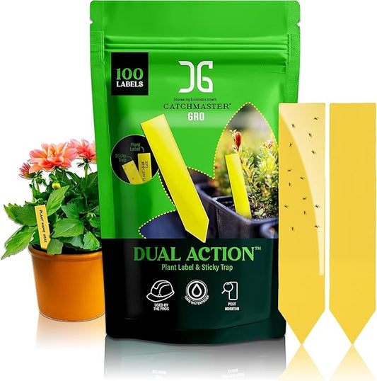 Catchmaster Dual Action Plant Labels 100 PK, Sticky Insect Trap Plant Stakes, for Live Plants Indoor Outdoor, Fruit Fly Trap, Glue Traps for Home, Farm, Garden, Hydroponics & Greenhouse, Pest Control