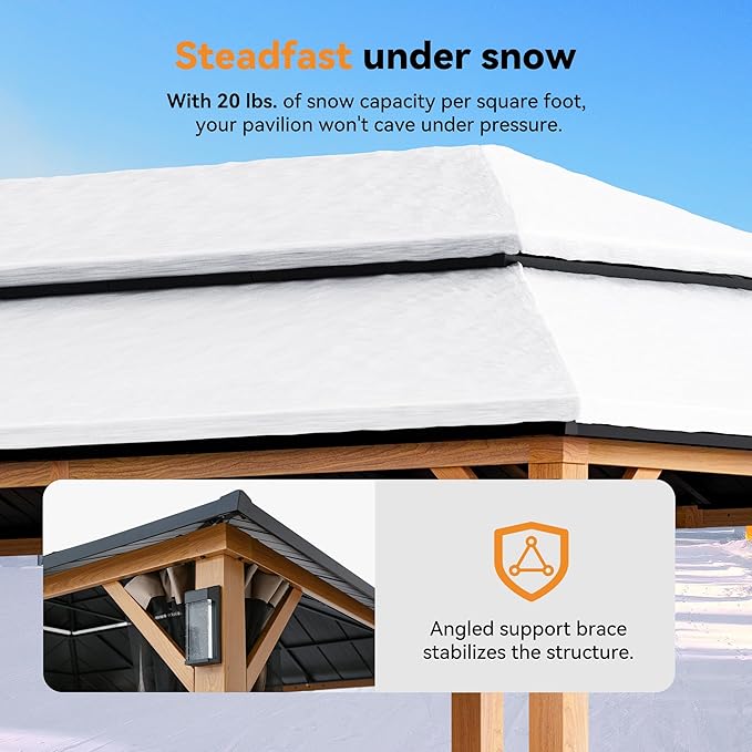 Modern Shade The Horizon Hardtop Gazebo 12' x 20' with 4 LED Lights, Permanent Outdoor Gazebo with Galvanized Steel Double Roof, Grill Pavilion with Decor Hooks, Mosquito Nettings, Wood Grain