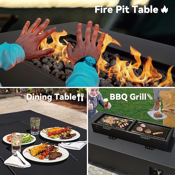 48 Inch Propane Fire Pit Table, 3-in-1 Rectangle Gas Fire Pits, 50,000 BTU Outdoor Fire Pit with Wind Guard, Griddle and Rain Cover, Suitable for Patio, Balcony and Courtyard