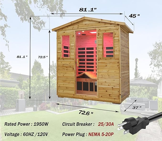 LTCCDSS Full Spectrum Outdoor Far Infrared Sauna 3-Person - Low EMF Sauna for Home -Withstand Temp -5℉-104℉ - Near&Mid-IR Light, Bluetooth Speakers, LED Reading (81.1 * 45 * 83.5 inch)