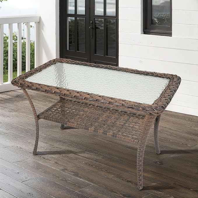 Belord 38 Inch Outdoor Coffee Table with 2 Tier Storage - Wicker Coffee Table with Water Ripple Texture Tempered Glass Top, All Weather Patio Coffee Table for Deck Porch Balcony Garden Brown