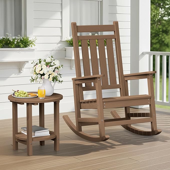 SERWALL Round Outdoor Side Table Set of 4, HDPE Small Adirondack Double End Table, Brown