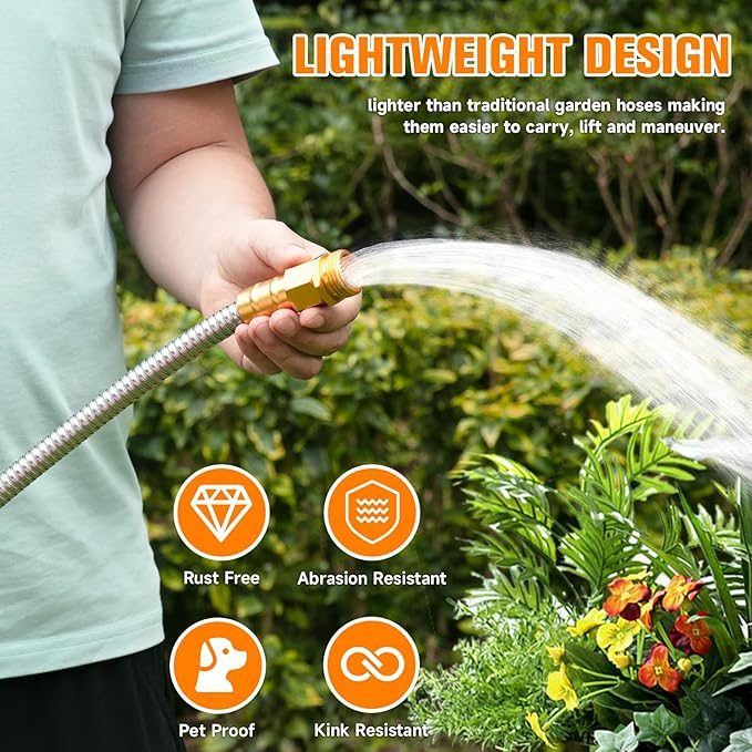 Garden Hose 3 FT, 304 Stainless Steel Metal Water Hose, Heavy Duty Flexible Leader Hose, Short Water Hose Kink Free Hose for Rv, Outdoor, Yard, No Bite, Leak proof and Durable