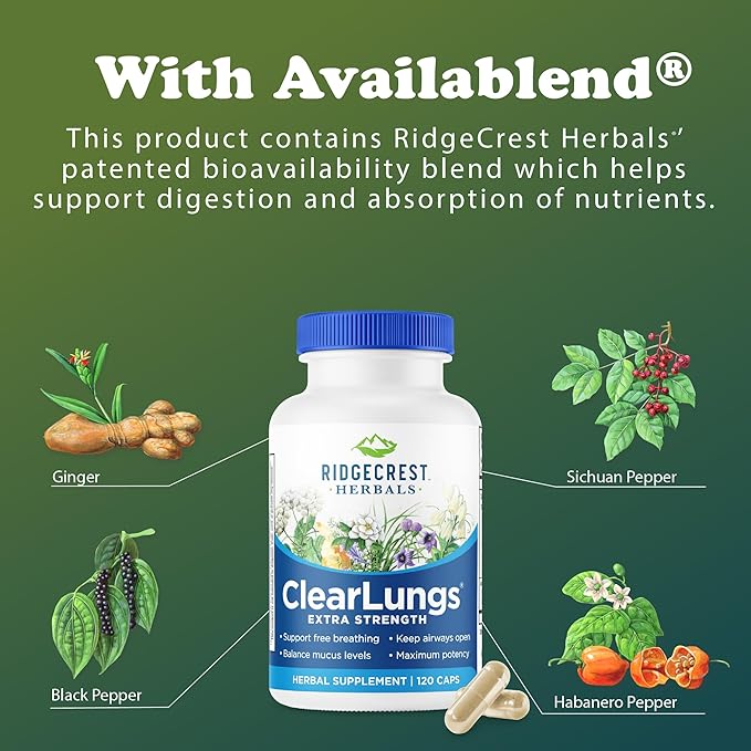 RidgeCrest Herbals ClearLungs Extra Strength, Daily Health Supplement, Natural Lung and Nasal Wellness Formula for Bronchial, Respiratory, Immune, Sinus, and Mucus Support (120 Vegan Caps, 60 Serv)