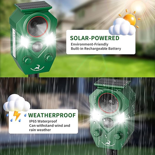 2 Packs Solar Ultrasonic Animal Repeller Device with PIR Sensor Detection, Waterproof Deer Repellent Device Outdoor for Deer, Squirrels, Cats, Dogs, Raccoons, Rabbits, Skunks, Foxes & More