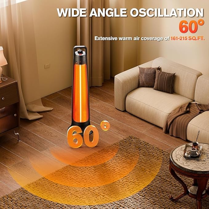 Outdoor Patio Heater, 1200W, 3S Instant Heating, Portable Infrared Heater with 60°Oscillating, 180min Timer, Tip-over & Overheat Protection, Super Quiet Electric Heater for Indoor Outdoor Use, Onyx