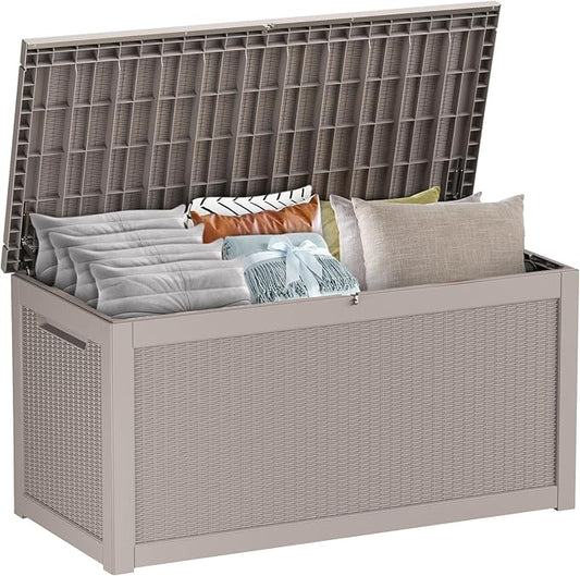 320 Gallon Large Deck Box,Resin Outdoor Storage Box with Lockable for Patio Furniture, Pool Accessories, Garden Tools Waterproof Outside Storage Box, Grey Pattern