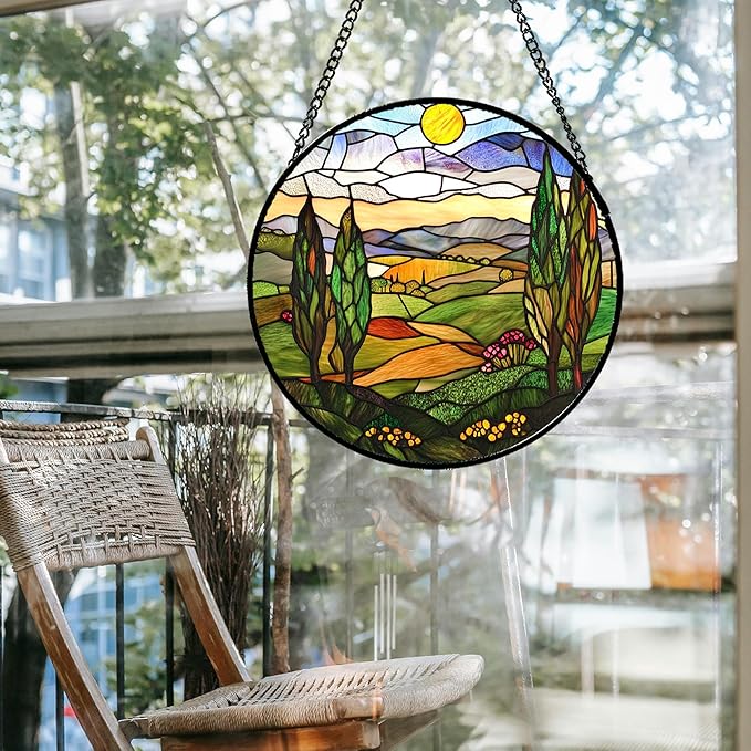 QZQCBLC Stained Glass Window Hanging Golden Sun Mountain Landscape 7.8" - Suncatcher Door Garden Sun Catcher Home Decor Birthday Christmas for Mom Men Woman Nana Friend