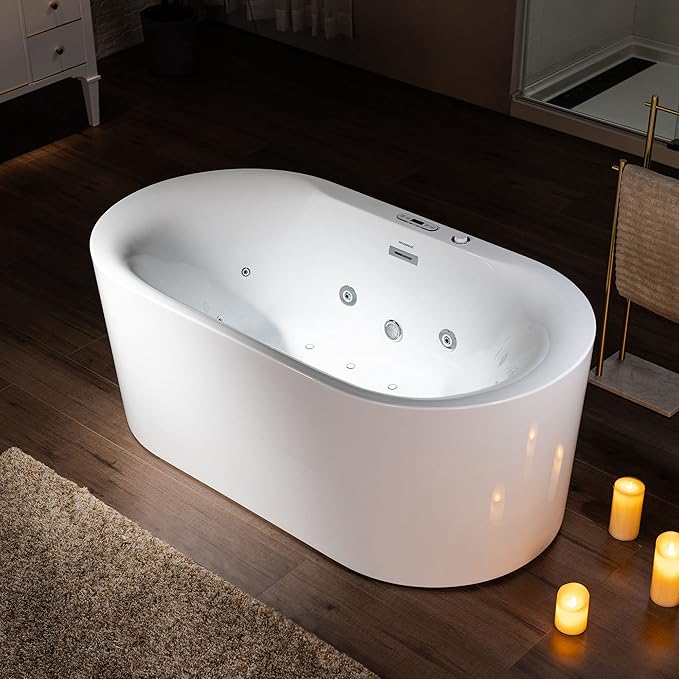 WOODBRIDGE 59" x 31-1/2" Whirlpool Water Jetted and Air Bubble Freestanding Heated Soaking Combination Bathtub with LED control panel,BJ-100